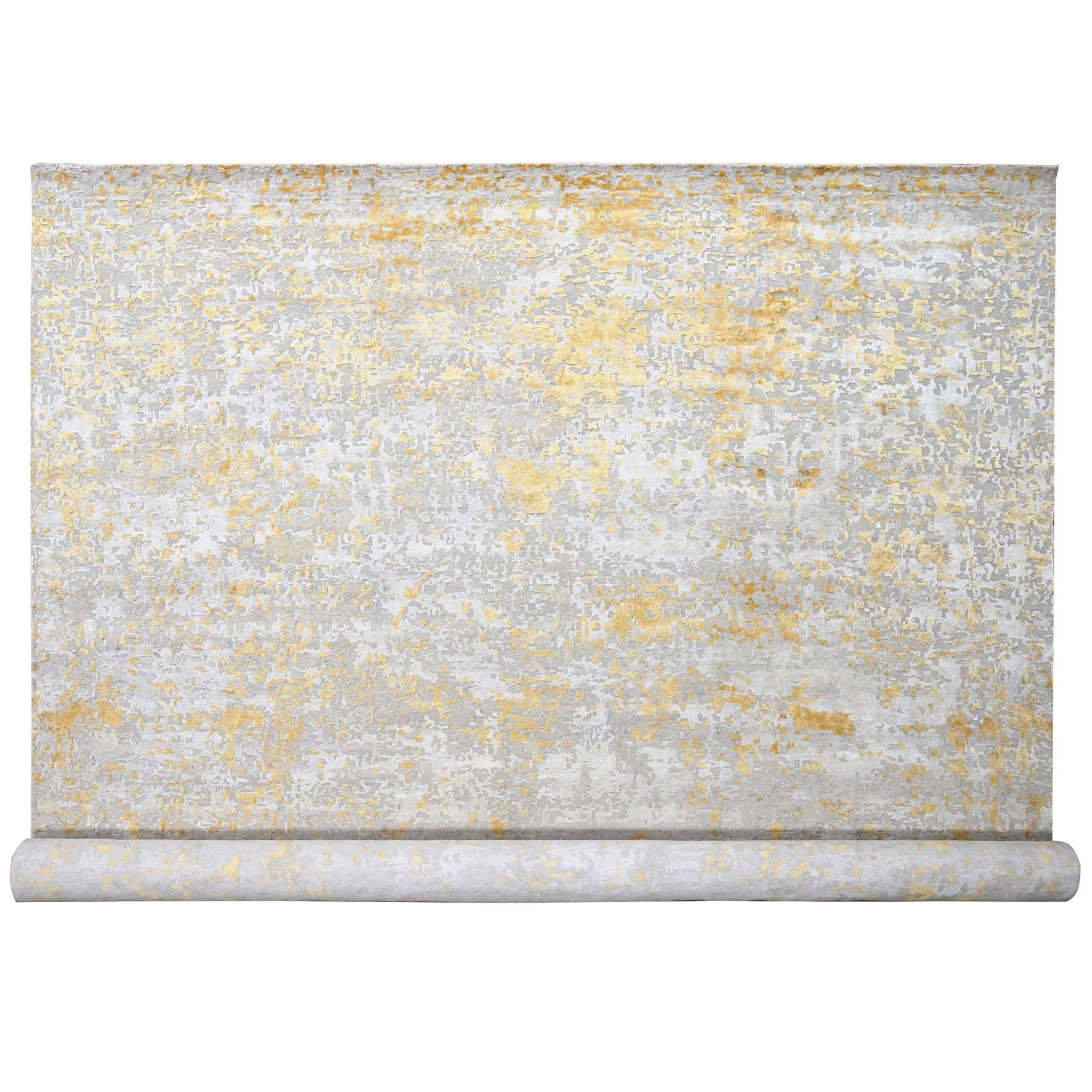 Beige with Gold, Abstract Design, Wool and Silk, Hi-Low Pile, Hand Knotted, Densely Woven, Oversized, Oriental Rug